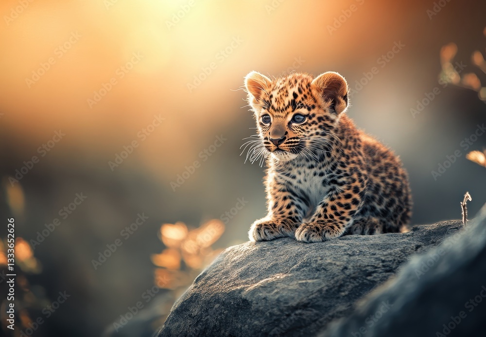 Poster adorable leopard cub sitting on a rock in a sunlit environment with a soft bokeh background highligh