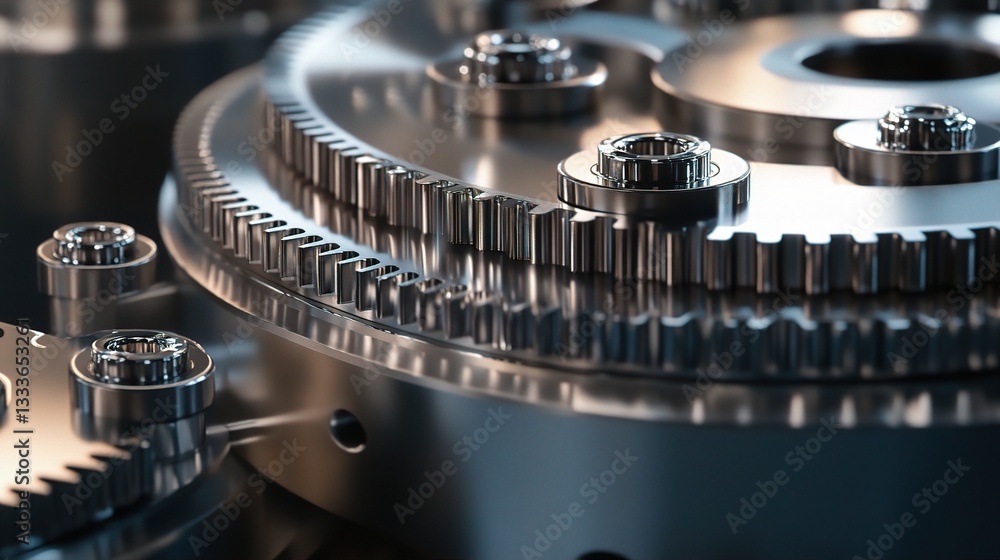 Poster intricate design of interlocking mechanical gears in metallic finish
