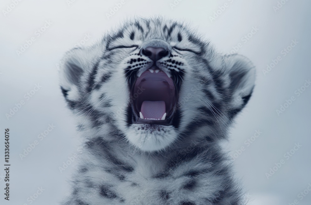 Poster adorable snow leopard cub with mouth wide open displaying powerful yawn in soft lighting for nature 