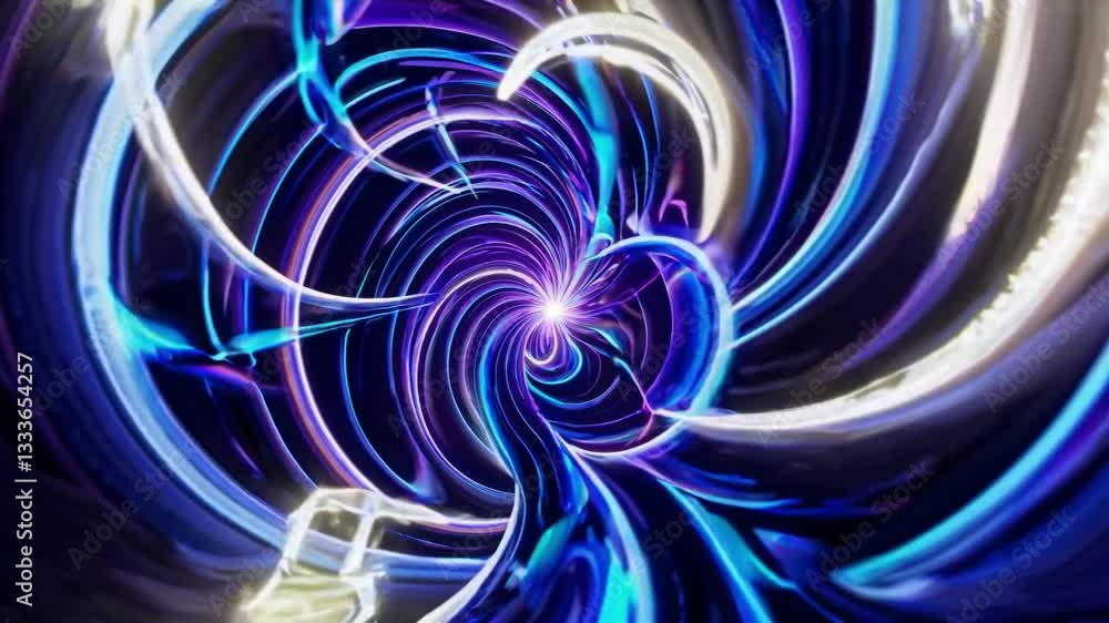 Poster seamless loop vibrant abstract swirl design in deep blue and purple tones, featuring a hypnotic spir