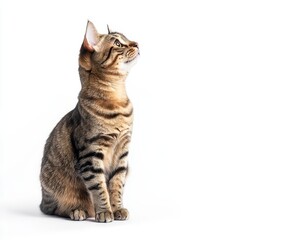 Fototapeta premium Adorable tabby cat sitting gracefully with alert expression, showcasing striking fur patterns and captivating eyes against a clean white background