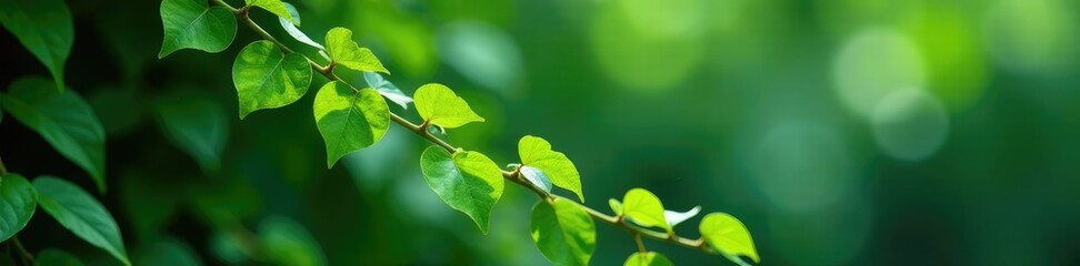 Long trailing vines with small delicate green leaves attached to stem, lush greenery, tropical plants