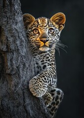 Naklejka premium Adorable young leopard cub peering from behind a rugged tree trunk with bright eyes and unique spotted fur in a natural environment