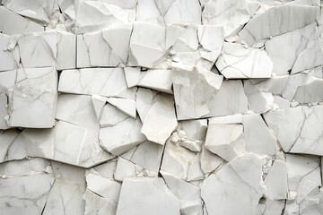 Obraz premium White quartzite stone wall with fragmented edges, scattered debris slabs for product setup