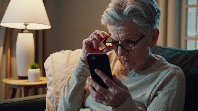 An Elderly Woman Engaged with Technology: A Gray-Haired Senior in Reading Glasses Concentrating on Her Smartphone at Home in the Evening Light