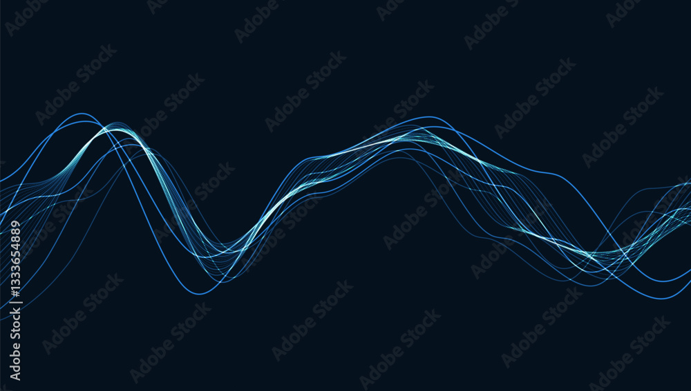 Poster dynamic particles sound wave flowing. sound wave background.