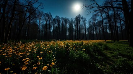 Obraz premium Moonlit Forest Meadow Night Blooming Yellow Flowers Trees Nature