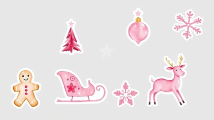 Pink Christmas Stickers Reindeer Tree Gingerbread Snowflakes Ornament Sleigh