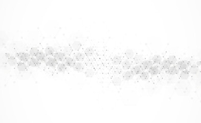 Hexagons pattern on gray background. Genetic research, molecular structure. Chemical engineering. Concept of innovation technology. Used for design healthcare, science and medicine background