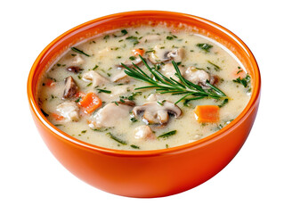 Isolated Creamy Mushroom and Vegetable Soup in Orange Bowl