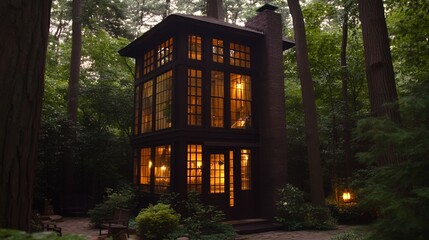 Cozy Illuminated Forest Cabin Night House Woods Home dark warm view calm light image rural