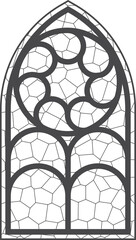 Gothic church window with arched frame and stained glass. Medieval vintage pattern. Cathedral architecture decoration geometric ornament. Christian chapel interior with outlines antique engraving