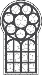 Gothic church window with arched frame and stained glass. Medieval vintage pattern. Cathedral architecture decoration geometric ornament. Christian chapel interior with outlines antique engraving