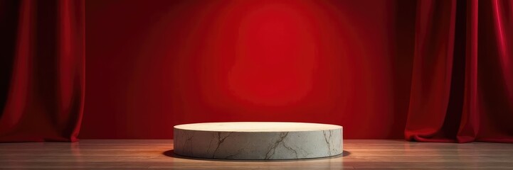 Low stone podium with luxurious red velvet backdrop, high end, sophisticated