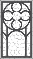 Gothic church window with arched frame and stained glass. Medieval vintage pattern. Cathedral architecture decoration geometric ornament. Christian chapel interior with outlines antique engraving