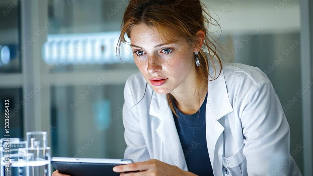 Poster woman scientist in laboratory utilizing tablet for data analysis and research technology