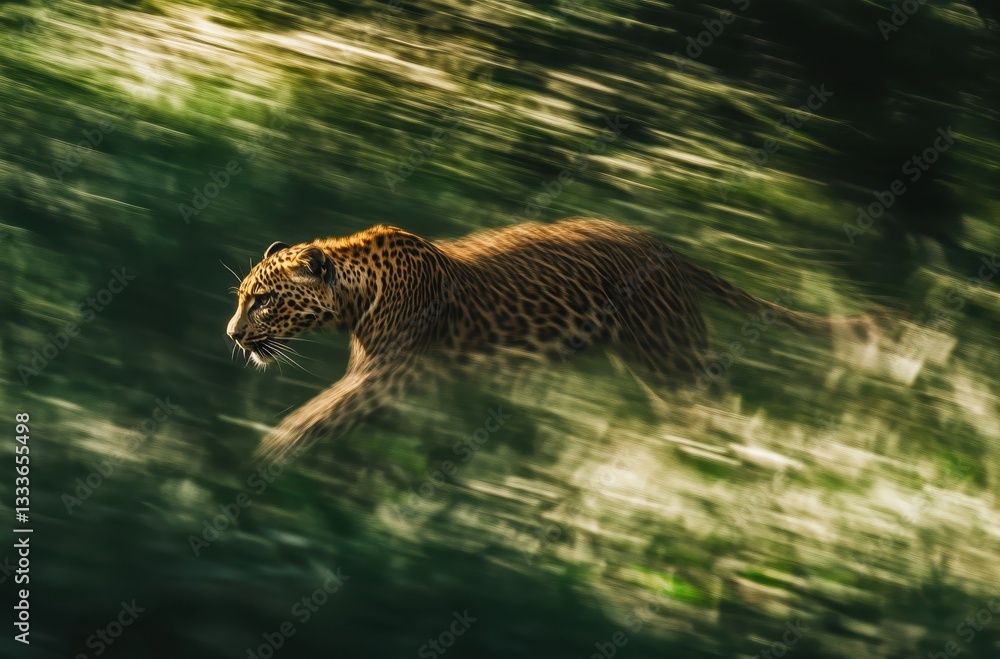 Poster agile leopard in motion amidst lush greenery captured in stunning nature scene with a dynamic feel o