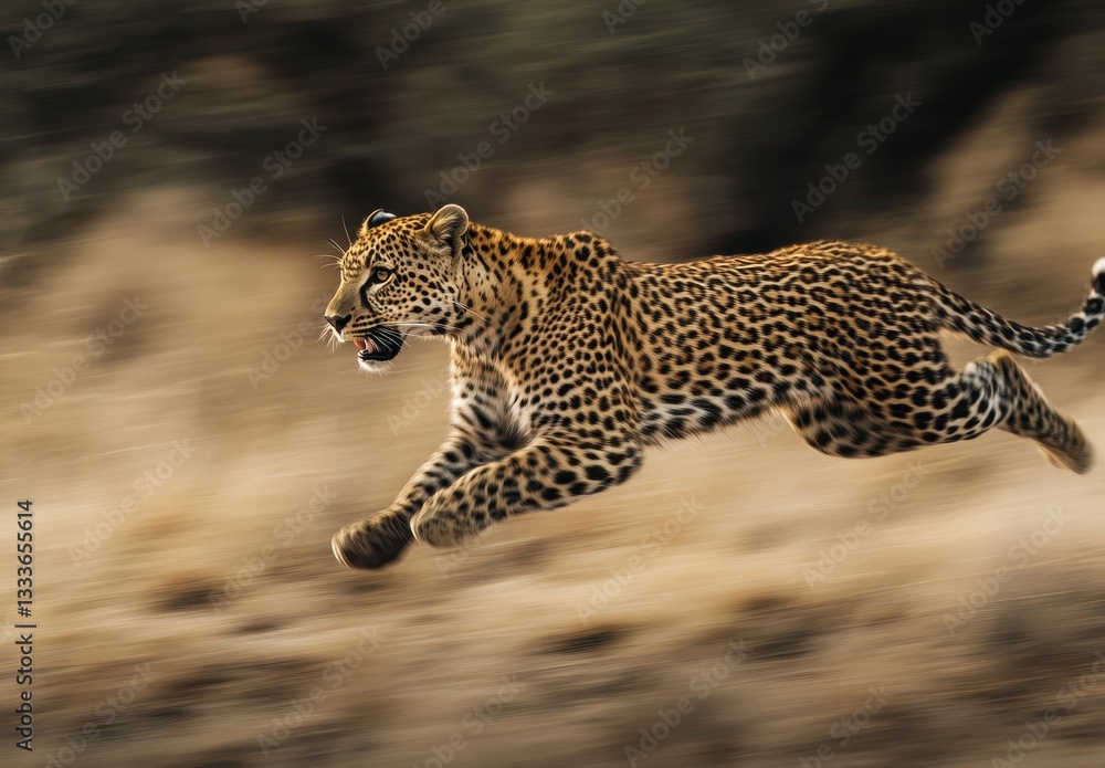 Poster agile leopard in motion captured in a dynamic run through the african wilderness showcasing its powe