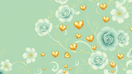 Fototapeta premium Romantic Floral Background Mint Green Roses Golden Hearts Swirls