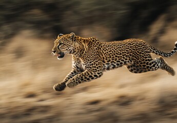 Fototapeta premium Agile Leopard in Motion Captured in a Dynamic Run Through the African Wilderness Showcasing its Powerful Build and Stunning Coat Pattern
