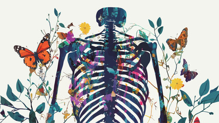 The image is a stylized illustration depicting a human skeleton overlaid with colorful floral elements and butterflies. The skeleton is rendered in shades of dark blue, providing a stark contrast
