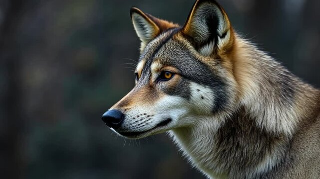 Majestic Wolf Profile in Natural Habitat Showcasing Intricate Fur Patterns and Intense Eye Expression