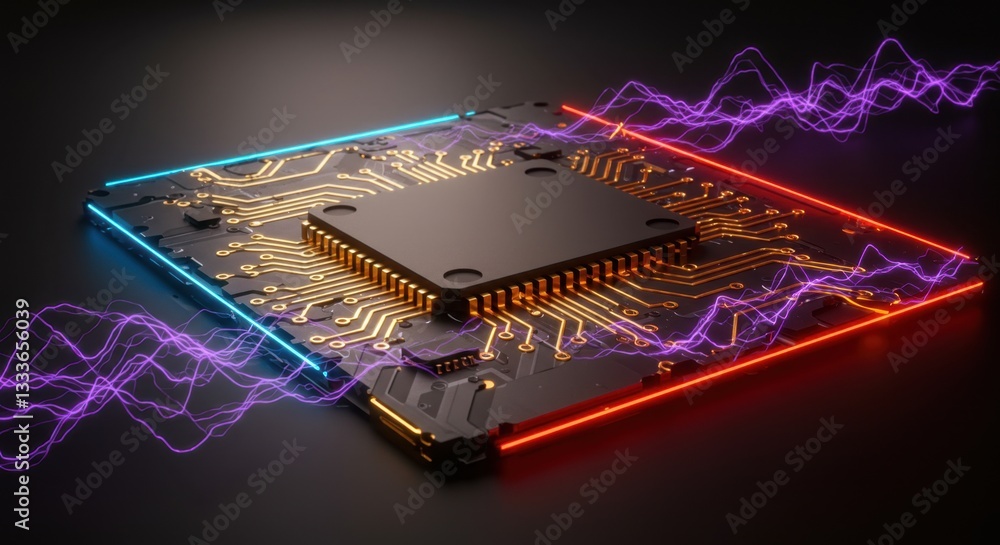 Poster futuristic microchip with colorful aesthetic lighting and electric wave patterns