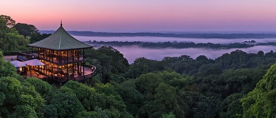 Obraz premium Luxury Hilltop Pavilion Sunrise Misty Forest View Sky Fog Calm Hotel Trees Green Image