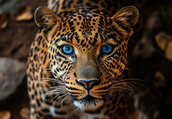 Obraz premium Beautiful close-up portrait of a leopard with striking blue eyes looking directly at the camera against a natural background showcasing its unique fur patterns