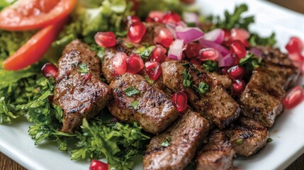 Chicken liver and a fresh salad with pomegranate are elegantly presented on a white plate, showcasing a blend of rich flavors and vibrant colors.