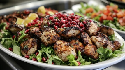 Chicken liver and a fresh salad with pomegranate are elegantly presented on a white plate, showcasing a blend of rich flavors and vibrant colors.