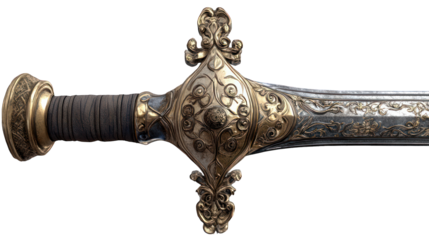 A medieval sword with an engraved hilt on a transparent background