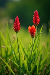 Red rocket flowers growing through dry green grass blades, plant, dry grass, green