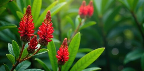 Fototapeta premium Red tropical foliage with colorful callistemon viminalis flowers, greenery, nature, tropical