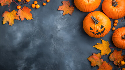 Vibrant pumpkins and autumn leaves create a festive Halloween display on a dark background