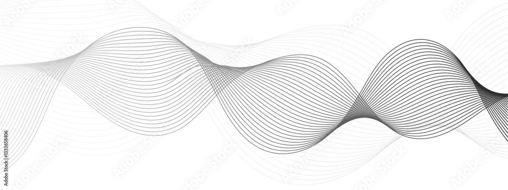 Leinwandbilder Abstract black and white vector wave background. Wavy grey stream element with frequency sound wave lines, technology, data science, business wave line background. Curved wavy line smooth stripes. 