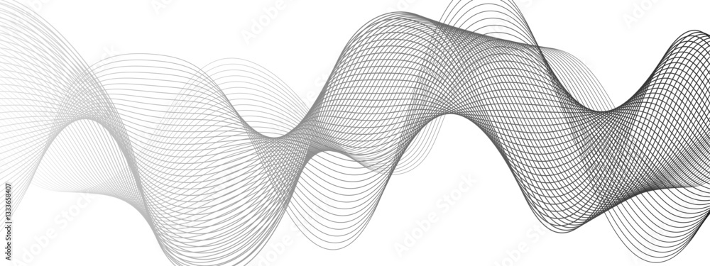 Poster Abstract black and white vector wave background. Wavy grey stream element with frequency sound wave lines, technology, data science, business wave line background. Curved wavy line smooth stripes. 