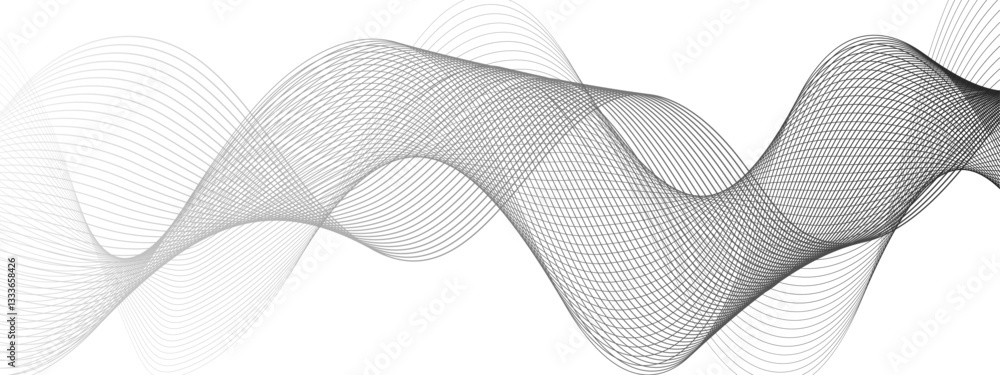 Aufkleber Abstract black and white vector wave background. Wavy grey stream element with frequency sound wave lines, technology, data science, business wave line background. Curved wavy line smooth stripes. 