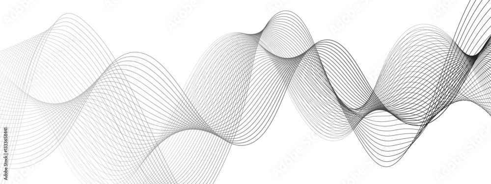 Poster Abstract black and white vector wave background. Wavy grey stream element with frequency sound wave lines, technology, data science, business wave line background. Curved wavy line smooth stripes. 