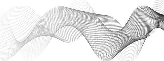 Abstract black and white vector wave background. Wavy grey stream element with frequency sound wave lines, technology, data science, business wave line background. Curved wavy line smooth stripes. 