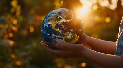 Hands Holding Earth Globe in Warm Sunlight for Environmental Awareness. A person gently holding a glowing Earth globe in their hands, symbolizing environmental protection