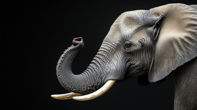 Close-up of an African elephant's head with impressive tusks, set against a stark black background, highlighting the majestic features and textures of the elephant.