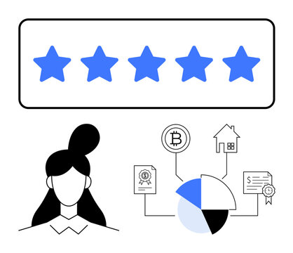 Five-star review bar, woman avatar, pie chart, cryptocurrency, real estate, and certificate graphics. Ideal for ratings, finance, investment blockchain data analysis business user experience