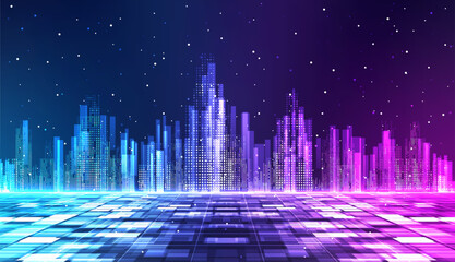 Cityscape on blue and purple background with bright glowing neon. Technology city background © natrot