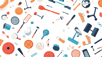 A digital illustration featuring a repeating seamless pattern. The pattern consists of various flat, stylized illustrations of sports and leisure equipment scattered on a white background.  The