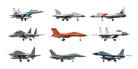 Nine various military and fighter jet aircraft viewed from the side and landing gear down, isolated on a clean transparent background.