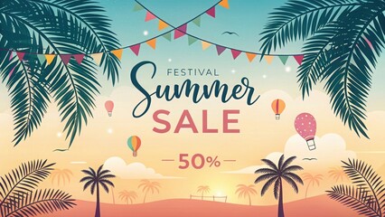 Obraz premium Vibrant Summer Festival Sale Banner with Colorful Hot Air Balloons, Tropical Palm Trees and Decorative Bunting for Seasonal Promotion