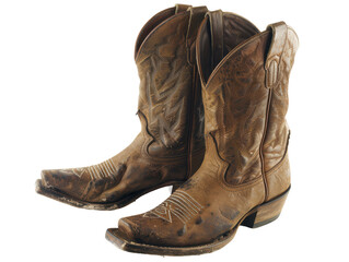 Isolated Pair of Worn Leather Cowboy Boots with Intricate Stitching