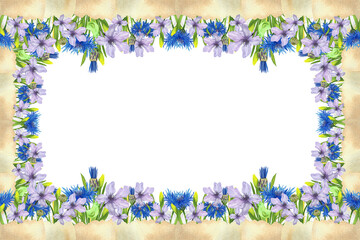 blue cornflowers, various beautiful purple flowers, cute birds, a spring composition for Easter, a watercolor frame for weddings, invitations, designs, towels, dishes