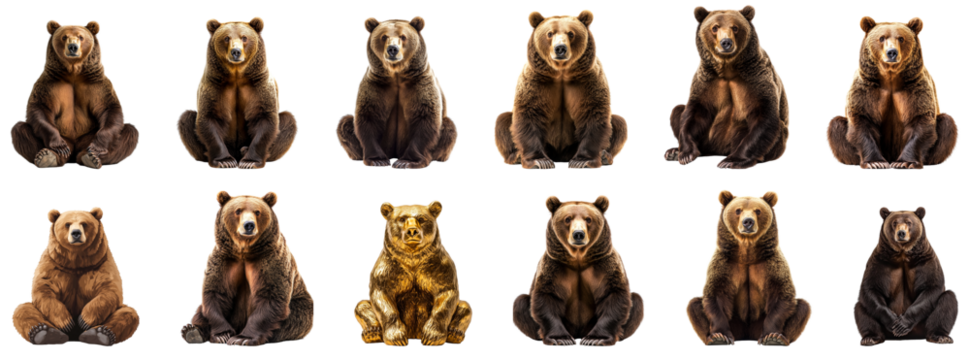 Brown bears, multiple poses, sitting bears, standing bears, realistic fur texture, wildlife photography, studio lighting, white background, diverse bear expressions, ursine portraits, natural history 